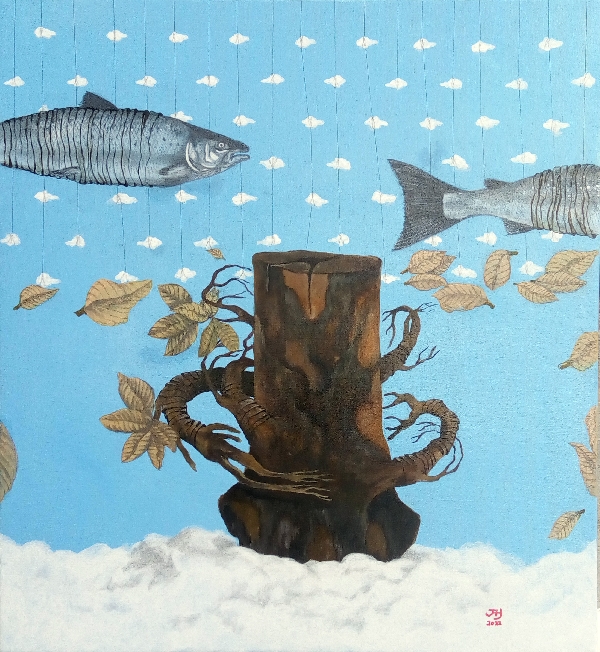 salmon and wood stump